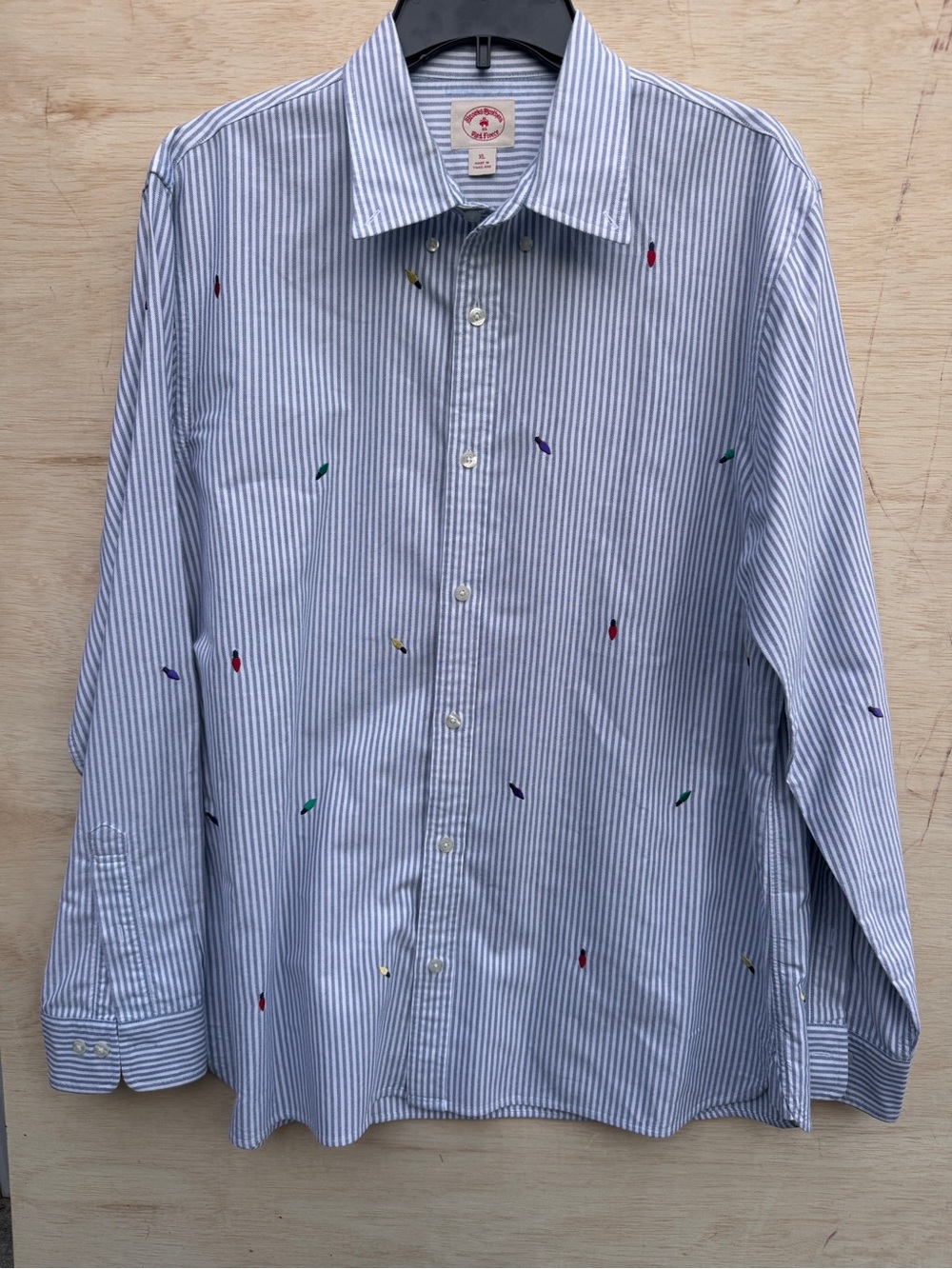 Brooks Brothers // Blue, White Striped Shirt with Multicolor Embroid